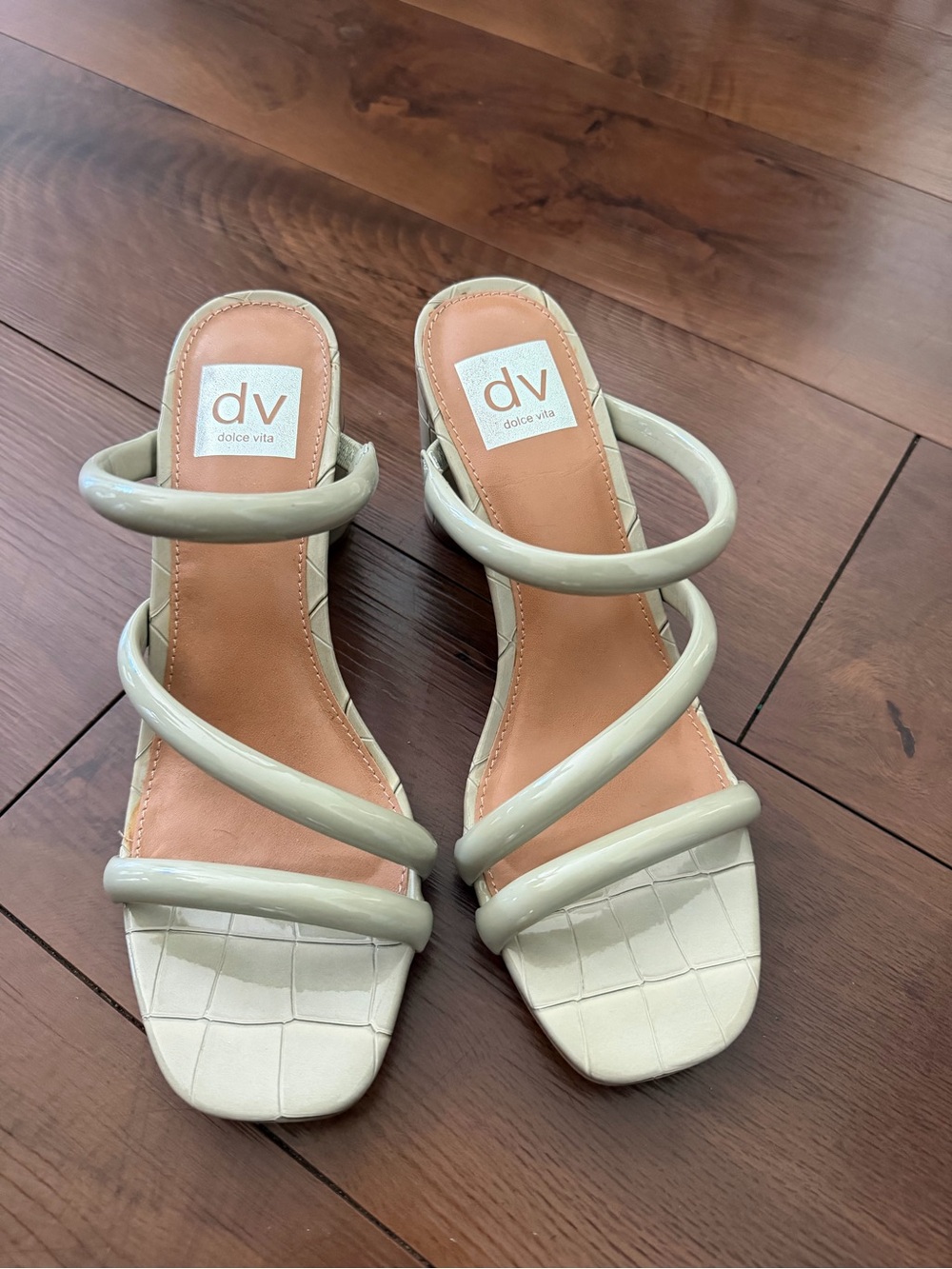 Dolce Vita Cream Glossy Tubular-Strap Heeled Slides
